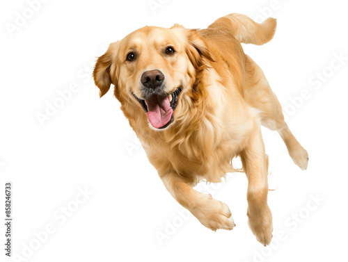 Full body shot of Golden Retriever dog, running happily, smiling.