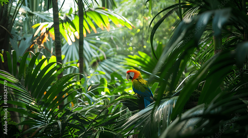 Obraz premium Rainforest with exotic birds and lush foliage
