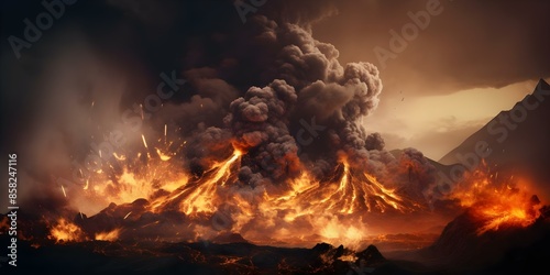 Volcanic eruption Landscape transforms as lava flows smoke billows and disaster strikes. Concept Natural Disaster, Volcanic Eruption, Lava Flow, Landscape Transformation, Smoke Billows photo