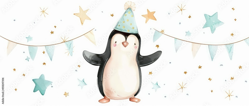 Fototapeta premium Cute penguin watercolor illustration for baby shower, children's room decor, greeting cards, party invitations.
