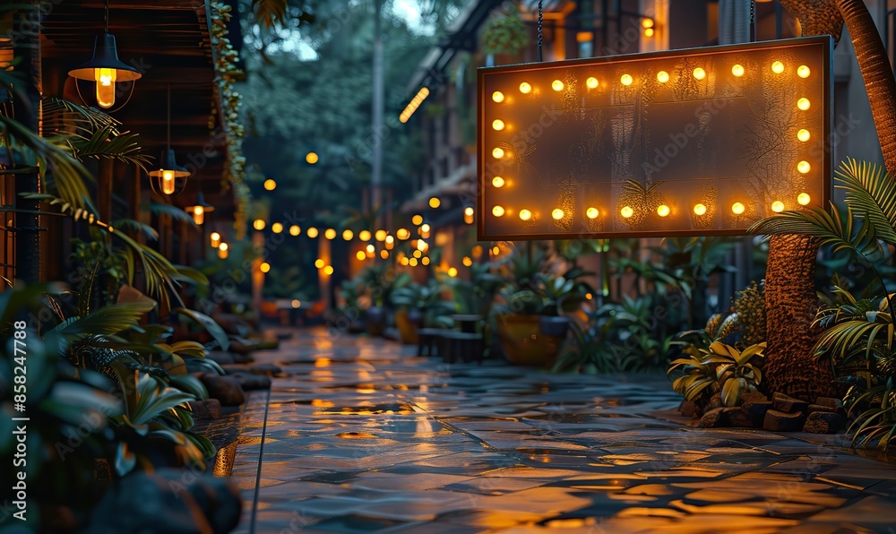 Obraz premium Stunning outdoor night scene featuring a luxurious resort or hotel with an elegant reception area and a stylish restaurant, offering a customizable blank signboard. illustration images