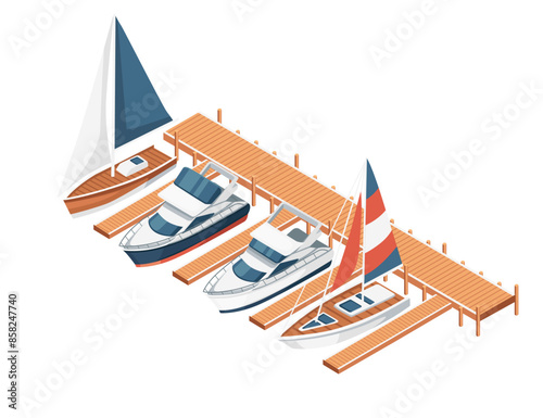 Three-dimensional isometric view showcasing marina pier sailboat and yacht harbor vector illustration isolated on white background