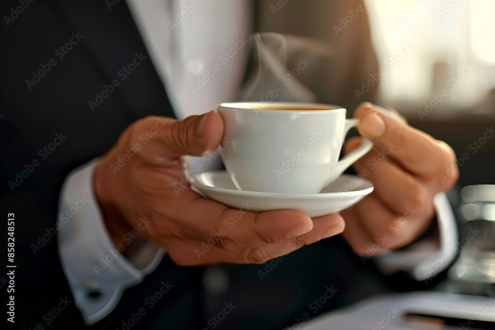 close-up photo of a man's hands holding an elegant white cup of steaming coffee. The focus is on the hands and the cup, with a blurred background showing part of the man's suit a close-up photo of a man's hands holding an elegant white cup of steaming coffee. The focus is on the hands and the cup, with a blurred background showing part of the man's suit a
