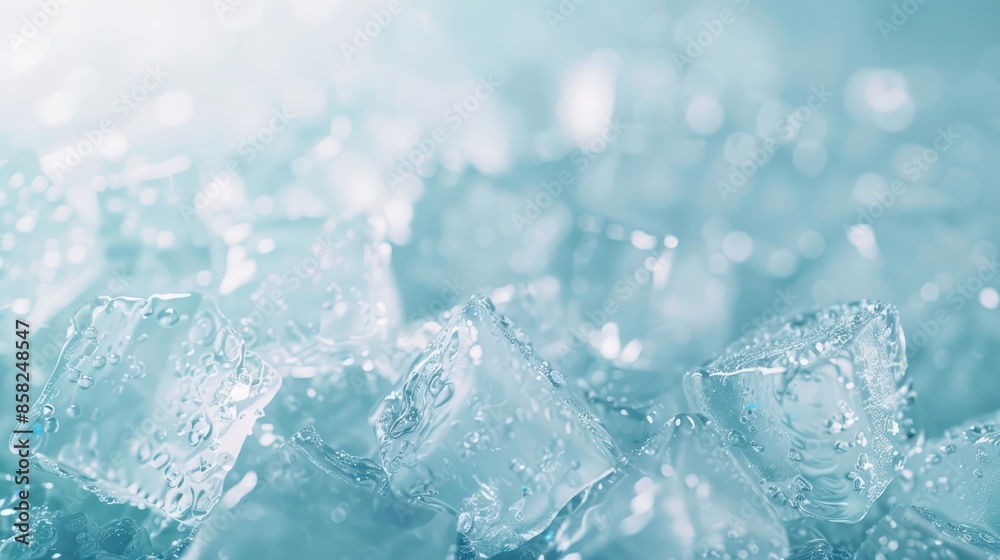 Closeup of melting ice cubes with droplets in soft focus, abstract blue background Closeup of melting ice cubes with droplets in soft focus, abstract blue background