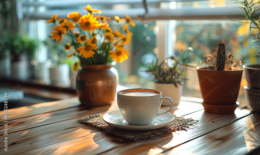 Warm Morning Coffee in Cozy Sunlit Room with Laptop, Flowers, and Plants - Perfect Workspace for Relaxing and Working Warm Morning Coffee in Cozy Sunlit Room with Laptop, Flowers, and Plants - Perfect Workspace for Relaxing and Working