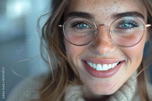 Close-up detail of woman with eyeglasses laughing, showcasing her before and after whitening teeth.