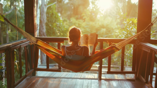 Person reading a book in a hammock on a sunny porch photo