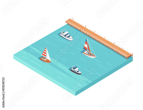 Three-dimensional isometric view showcasing marina pier sailboat and yacht harbor vector illustration isolated on white background