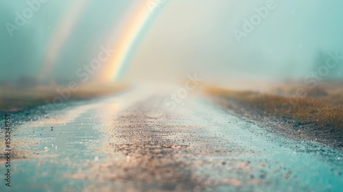 Serene rainy road with a vibrant double rainbow in the misty horizon photo