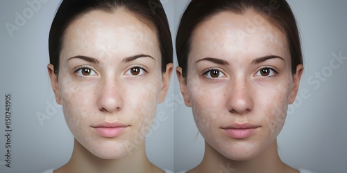 Halfface before and after facial treatment showing improvement in melasma and pores. Concept Facial Treatment, Melasma Improvement, Pore Reduction, Before and After, Halfface Comparision photo