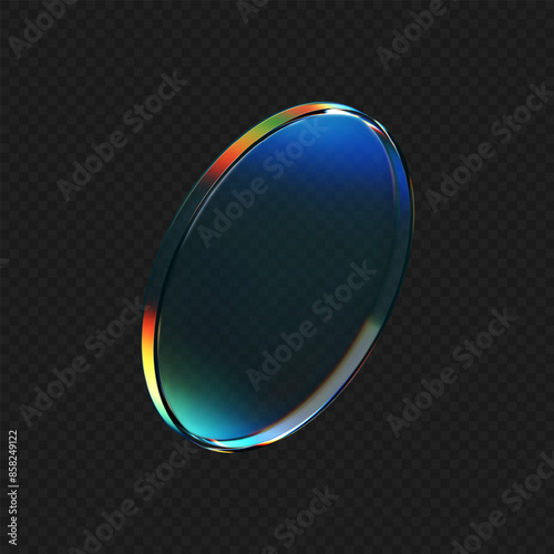3d crystal glass plate with rainbow, holographic effect isolated on dark background. Render transparent glass disk, product podium or mirror with iridescent gradient texture. 3d vector figure