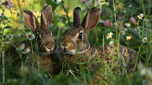 Rabbits hiding in tall grass with blooming wildflowers © NooPaew