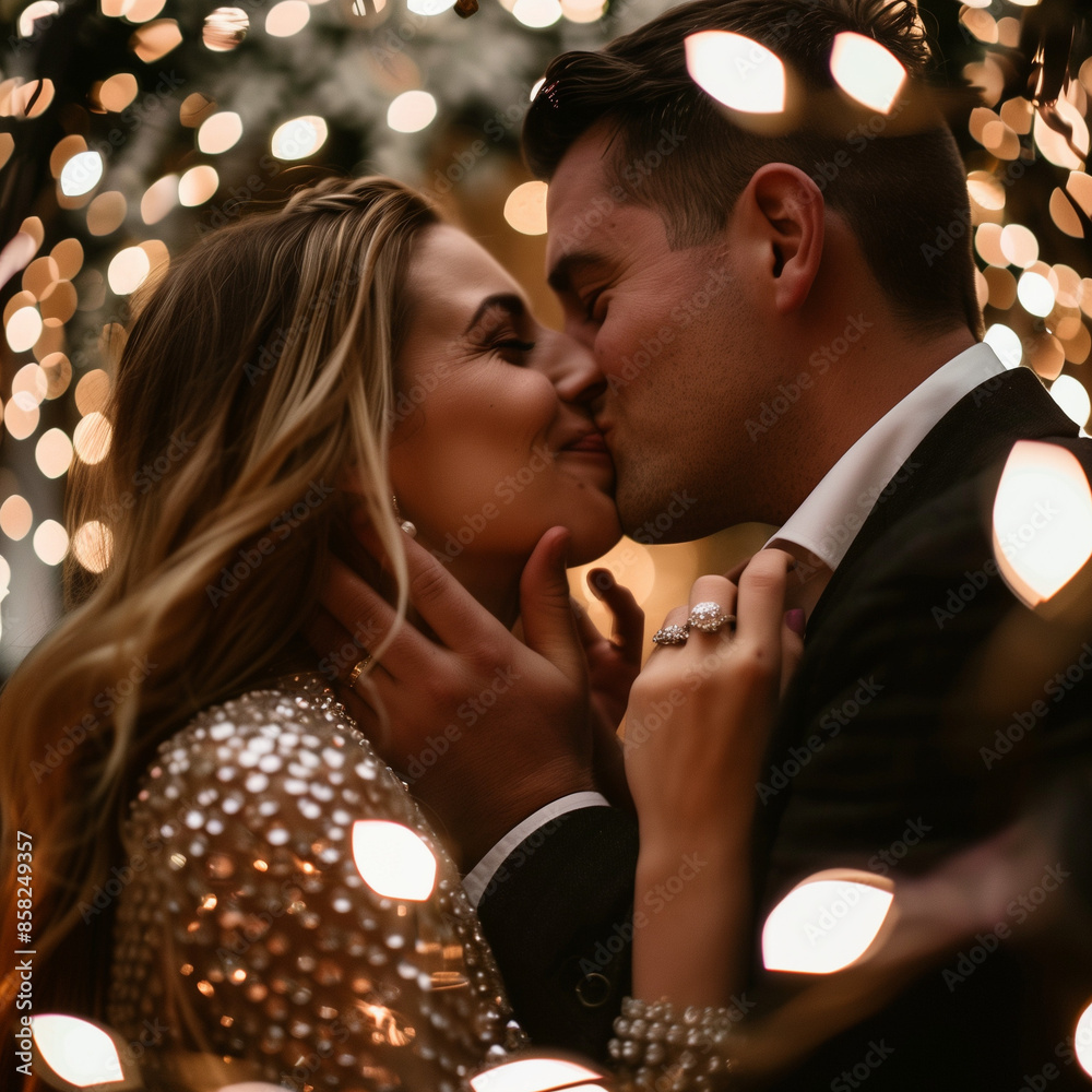 A detailed image of a couple sharing a kiss right after the proposal, with the woman showing off her engagement ring to the camera, surrounded by twinkling fairy lights and a festive atmosphere A detailed image of a couple sharing a kiss right after the proposal, with the woman showing off her engagement ring to the camera, surrounded by twinkling fairy lights and a festive atmosphere