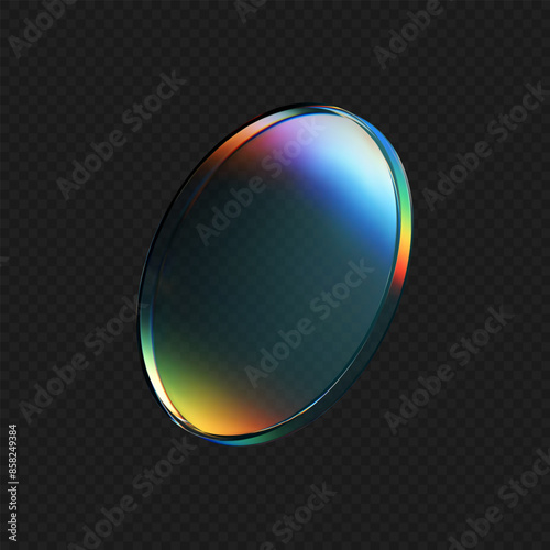 3d crystal glass plate with rainbow, holographic effect isolated on dark background. Render transparent glass disk, product podium or mirror with iridescent gradient texture. 3d vector figure