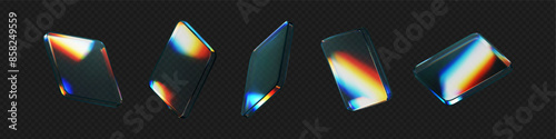 3d glass square shapes set with refraction and holographic effect isolated on black background. Render transparent crystal glass button with dispersion light, rainbow gradient. 3d vector illustration
