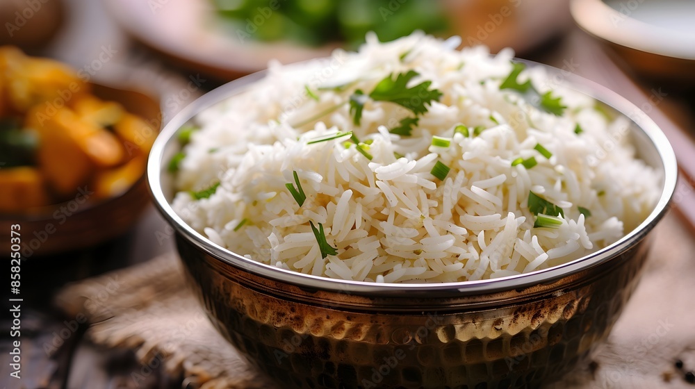 Overhead view of delicious white rice served in a golden bowl on a wooden background Overhead view of delicious white rice served in a golden bowl on a wooden background