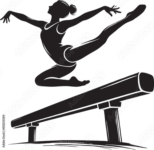 A black and white vector silhouette illustration of a gymnast performing on a balance beam