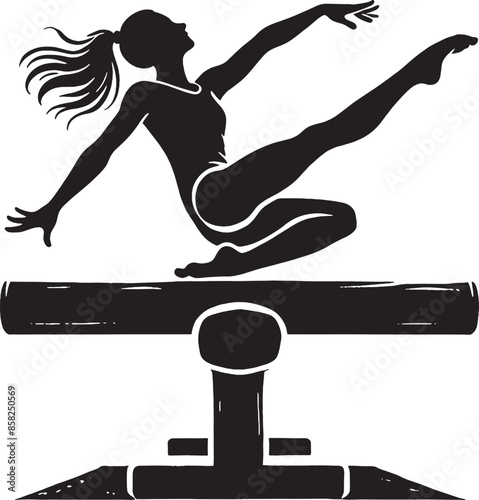 A black and white vector silhouette illustration of a gymnast performing on a balance beam