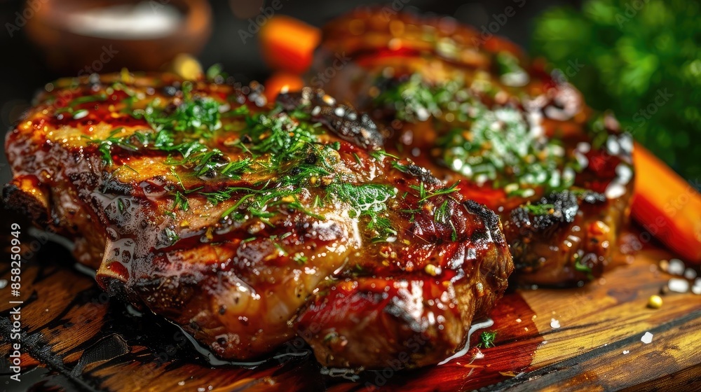 Close-up of two juicy, grilled steaks garnished with fresh herbs and served on a wooden board, perfect for food and culinary photography. Close-up of two juicy, grilled steaks garnished with fresh herbs and served on a wooden board, perfect for food and culinary photography.