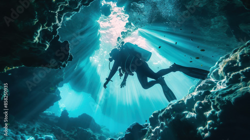 Scuba diver exploring an underwater cave