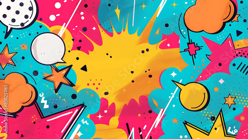 abstract pop art background featuring comic book elements such as speech bubbles, stars, and lightning bolts, combined with bright, contrasting colors