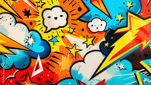 abstract pop art background featuring comic book elements such as speech bubbles, stars, and lightning bolts, combined with bright, contrasting colors