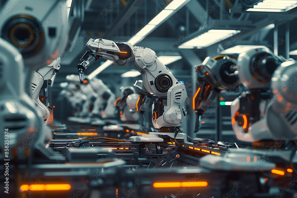 A high-tech factory with robots on an assembly line, manufacturing car body parts efficiently. A high-tech factory with robots on an assembly line, manufacturing car body parts efficiently.