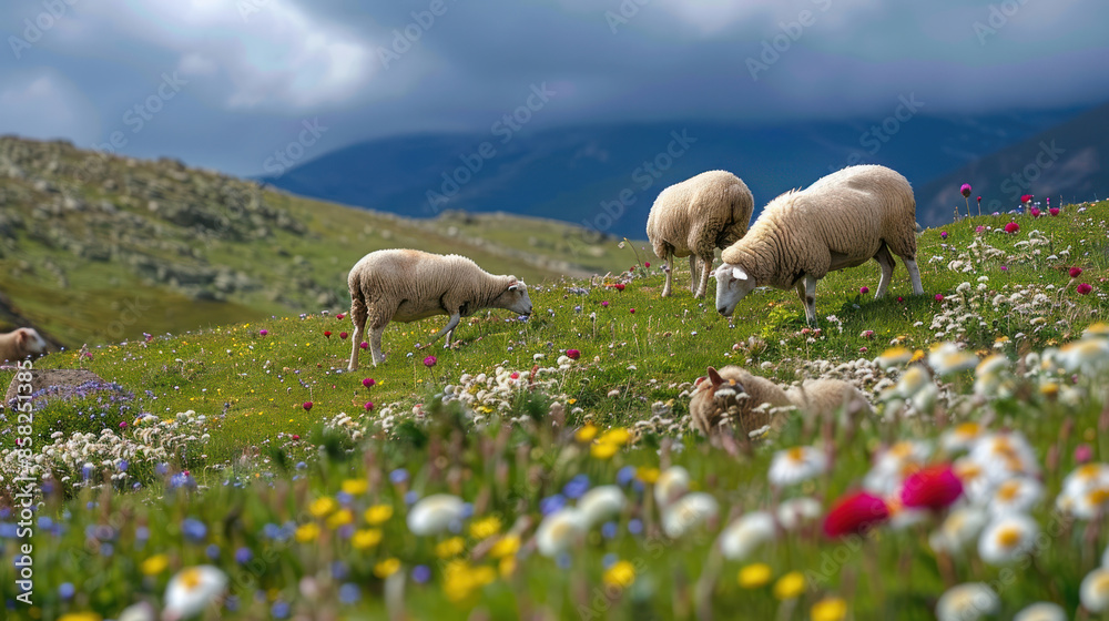 Obraz premium Sheep grazing on a grassy hill with wildflowers