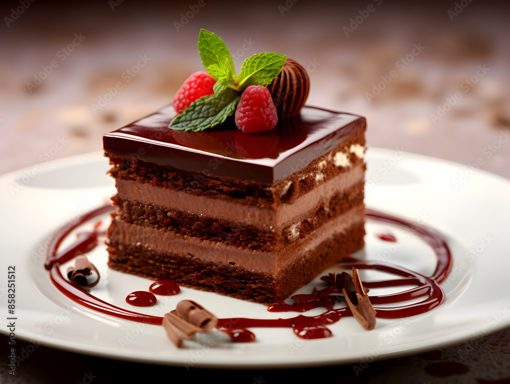 Close up of a chocolate dessert with layers of cake, mousse, and ganache on a plate, dark background Close up of a chocolate dessert with layers of cake, mousse, and ganache on a plate, dark background