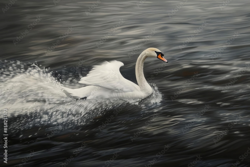 Capture a graceful swan gliding across a serene lake, viewed from the worms-eye perspective, with soft grey tones against a dark, calming black canvas, Capture a graceful swan gliding across a serene lake, viewed from the worms-eye perspective, with soft grey tones against a dark, calming black canvas,