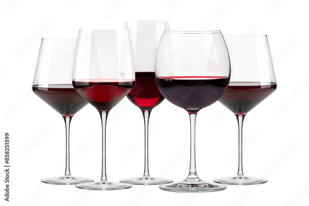 Set of red wine glasses isolated on white background. Rose wine splashing in glassware. Set of red wine glasses isolated on white background. Rose wine splashing in glassware.