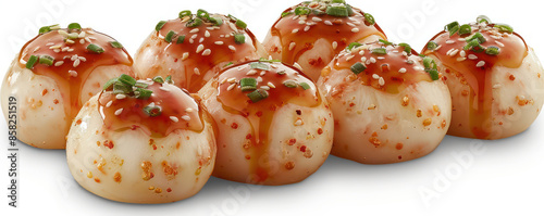 Delicious Asian Rice Balls with Spicy Sauce, Perfectly Garnished with Fresh Herbs and Sesame Seeds, Ideal for Snack or Appetizer, Mouthwatering and Savory, Ideal for Food Enthusiasts and Chefs photo