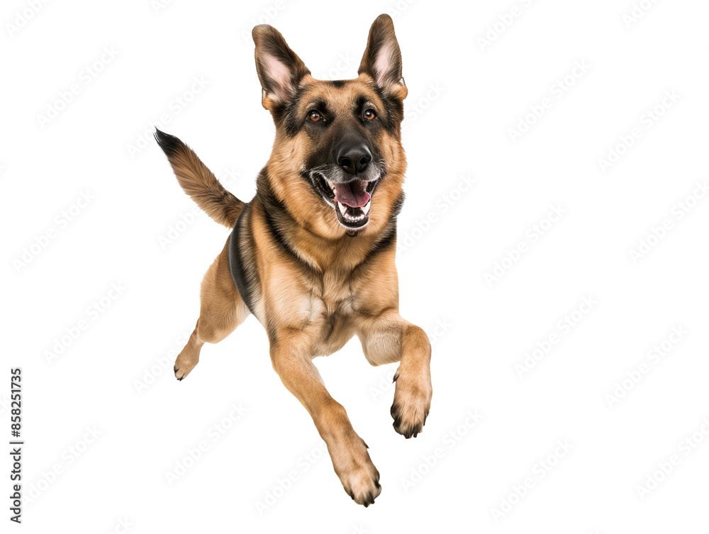Full body shot of German Shepherd dog, running happily, smiling. Full body shot of German Shepherd dog, running happily, smiling.