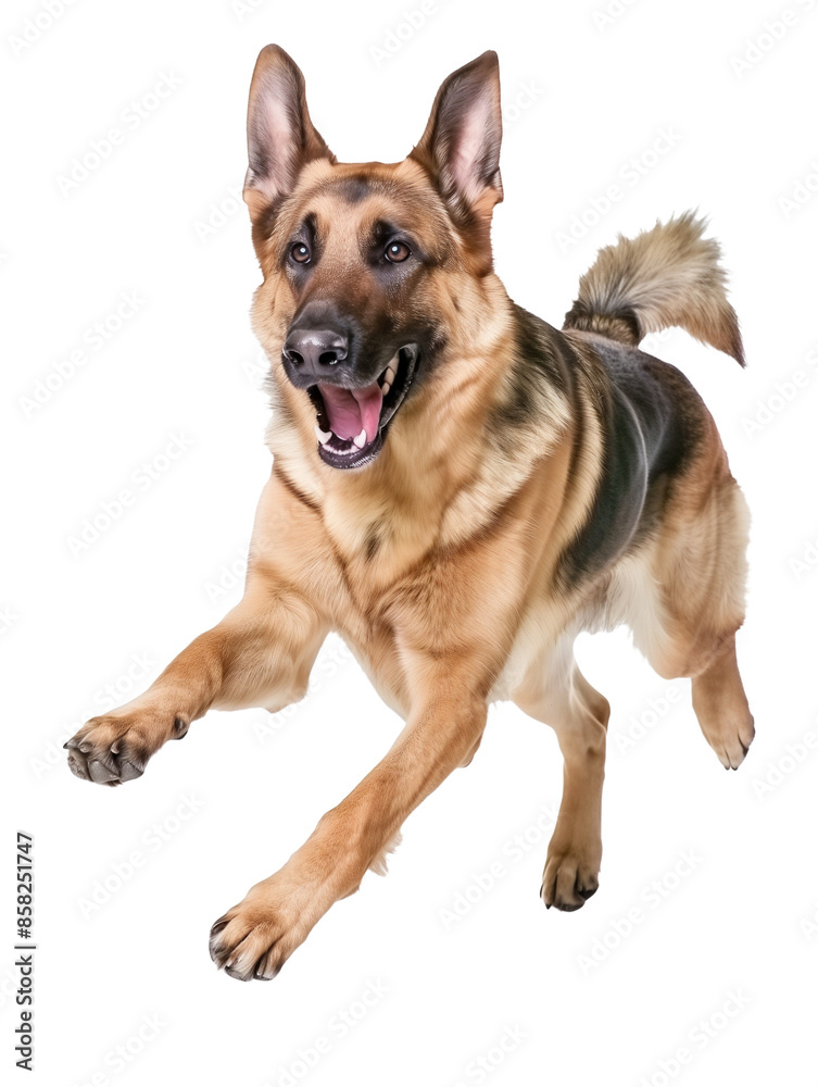 Full body shot of German Shepherd dog, running happily, smiling. Full body shot of German Shepherd dog, running happily, smiling.