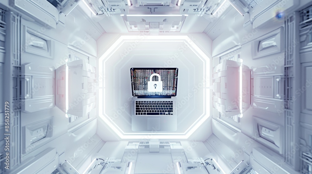 Secure laptop in binary shield futuristic office with high tech gadgets, symmetrical top down view Secure laptop in binary shield futuristic office with high tech gadgets, symmetrical top down view