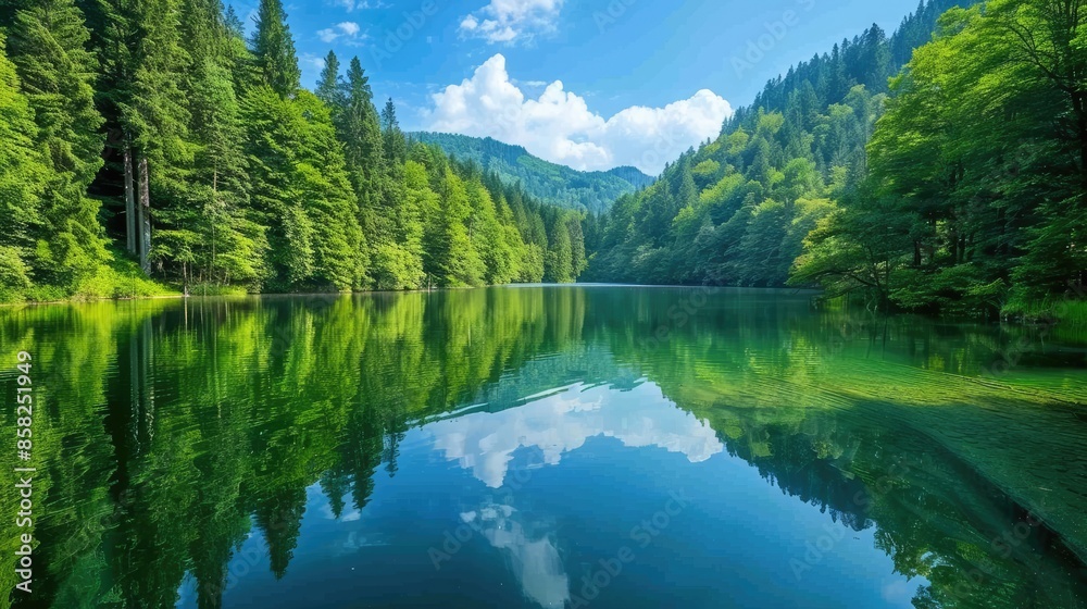 a beautiful forest lake surrounded by tall trees, with a clear blue sky and calm water, showing the shore and distant hills covered in pine forests.