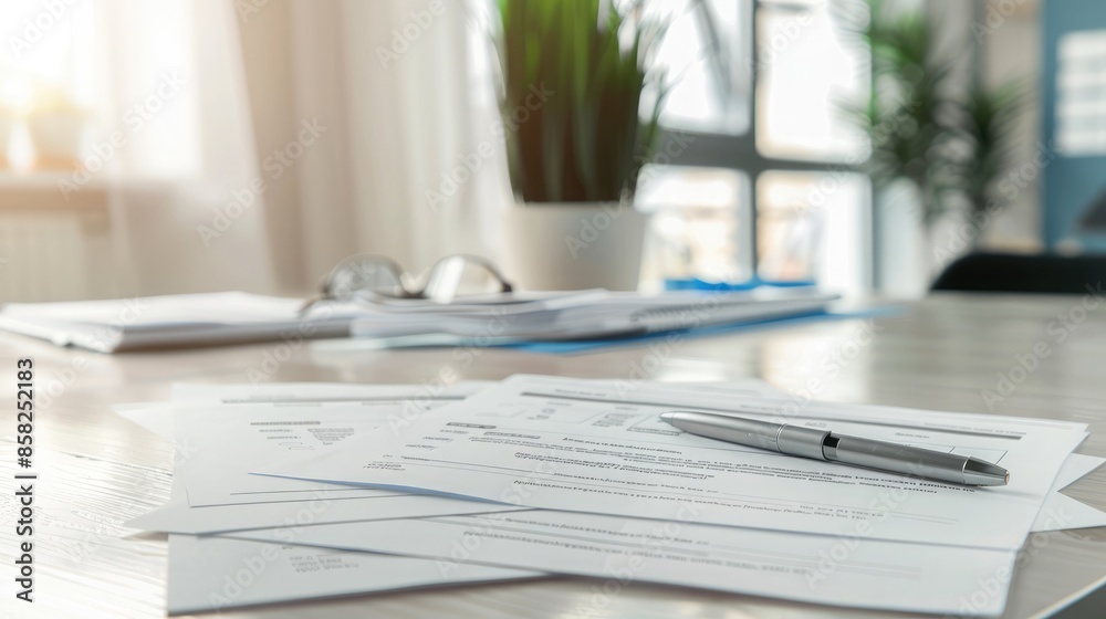 Stack of completed consumer survey forms on a clean desk, neatly organized and orderly. Consumer survey answer form Stack of completed consumer survey forms on a clean desk, neatly organized and orderly. Consumer survey answer form