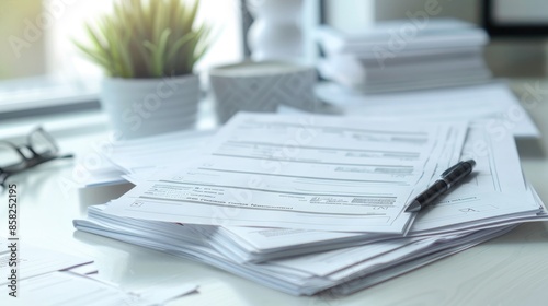 Neatly stacked completed consumer survey forms on a clean and organized desk. Consumer survey answer form