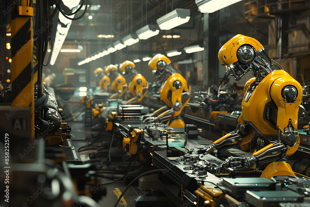 A high-tech factory with robots on an assembly line, manufacturing car body parts efficiently. A high-tech factory with robots on an assembly line, manufacturing car body parts efficiently.