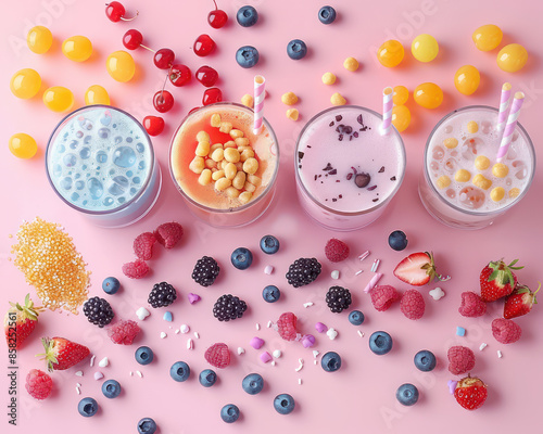 Colorful Assorted Smoothies with Fresh Berries, Boba, and Fruit Toppings on Pink Background Refreshing Healthy Beverage Options for Summer Days and Nutritious Morning or Afternoon Snacks photo