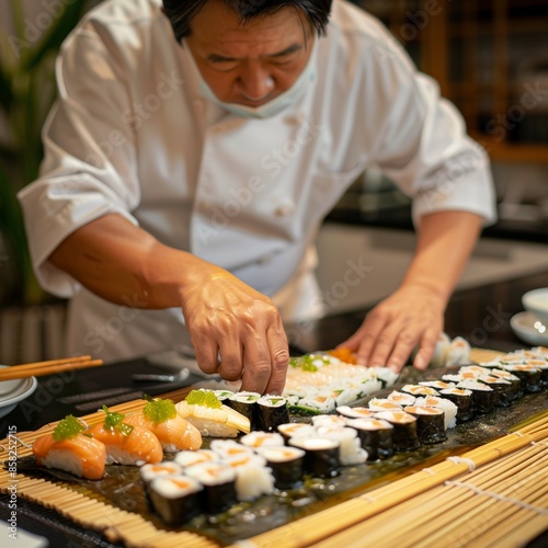 Chef Preparing Sushi Rolls with Precision