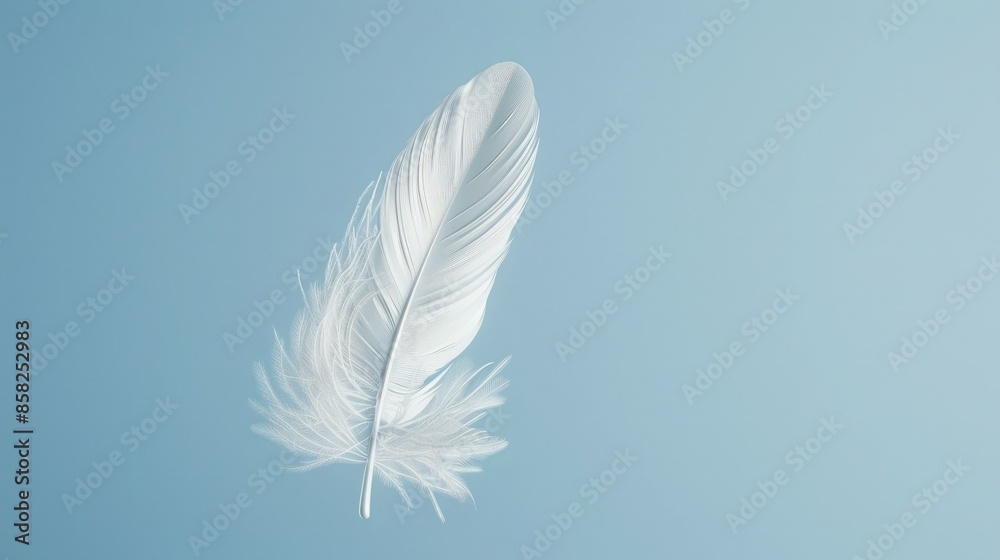 Obraz premium A Single White Feather Against a Sky Blue Background