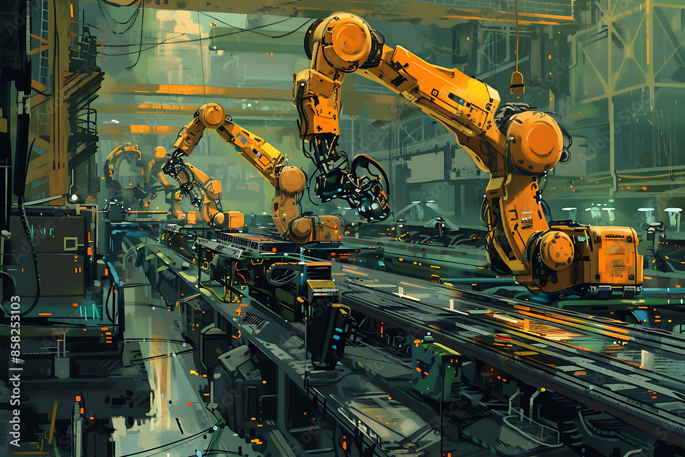 A high-tech factory with robots on an assembly line, manufacturing car body parts efficiently. A high-tech factory with robots on an assembly line, manufacturing car body parts efficiently.