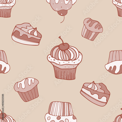 A seamless cupcake and muffin pattern in pastel tones, a hand-drawn cupcake background with a cherry on top