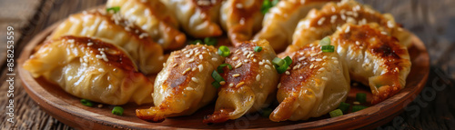 Delicious Homemade Dumplings Close Up of a Wooden Platter with Savory Pan Fried Dumplings, Garnished with Sesame Seeds and Green Onions, Perfect for Any Feast or Family Gatherings