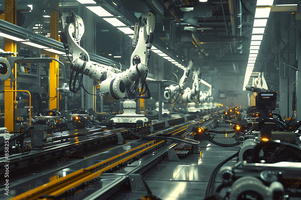 A high-tech factory with robots on an assembly line, manufacturing car body parts efficiently. A high-tech factory with robots on an assembly line, manufacturing car body parts efficiently.