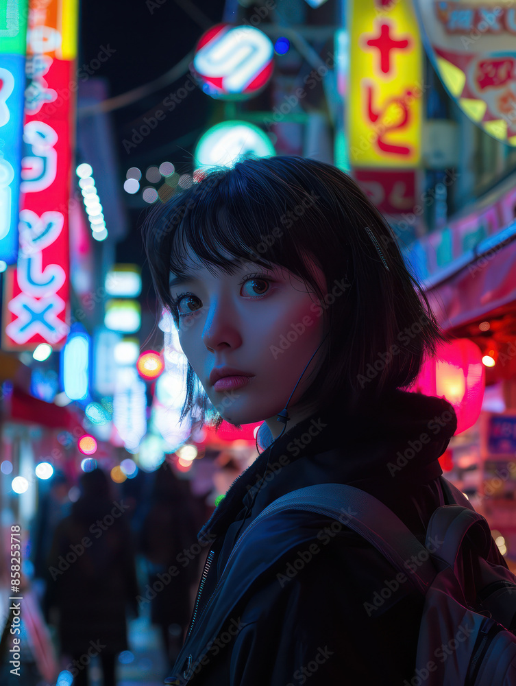 Capturing the Vibrant Nightlife Portrait of a Person in Bustling Neon Lit Street of Tokyo with Blurred Background of Colorful Lights and Shops Capturing the Vibrant Nightlife Portrait of a Person in Bustling Neon Lit Street of Tokyo with Blurred Background of Colorful Lights and Shops