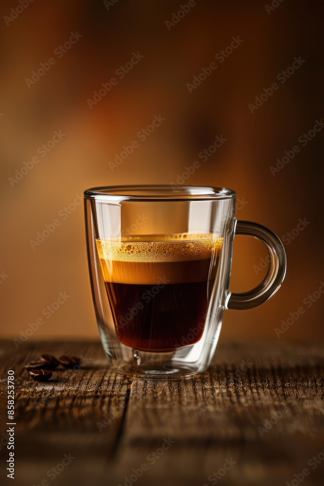 Delicious Hot Espresso in a Clear Glass Mug Placed Elegantly on a Wooden Table with Coffee Beans Spread Out, Capturing the Warm and Cozy Atmosphere of a Perfect Morning Coffee Break Delicious Hot Espresso in a Clear Glass Mug Placed Elegantly on a Wooden Table with Coffee Beans Spread Out, Capturing the Warm and Cozy Atmosphere of a Perfect Morning Coffee Break