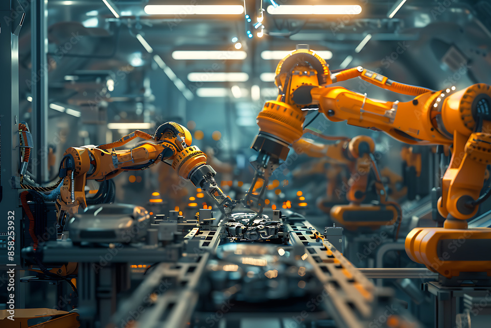 A high-tech factory with robots on an assembly line, manufacturing car body parts efficiently. A high-tech factory with robots on an assembly line, manufacturing car body parts efficiently.