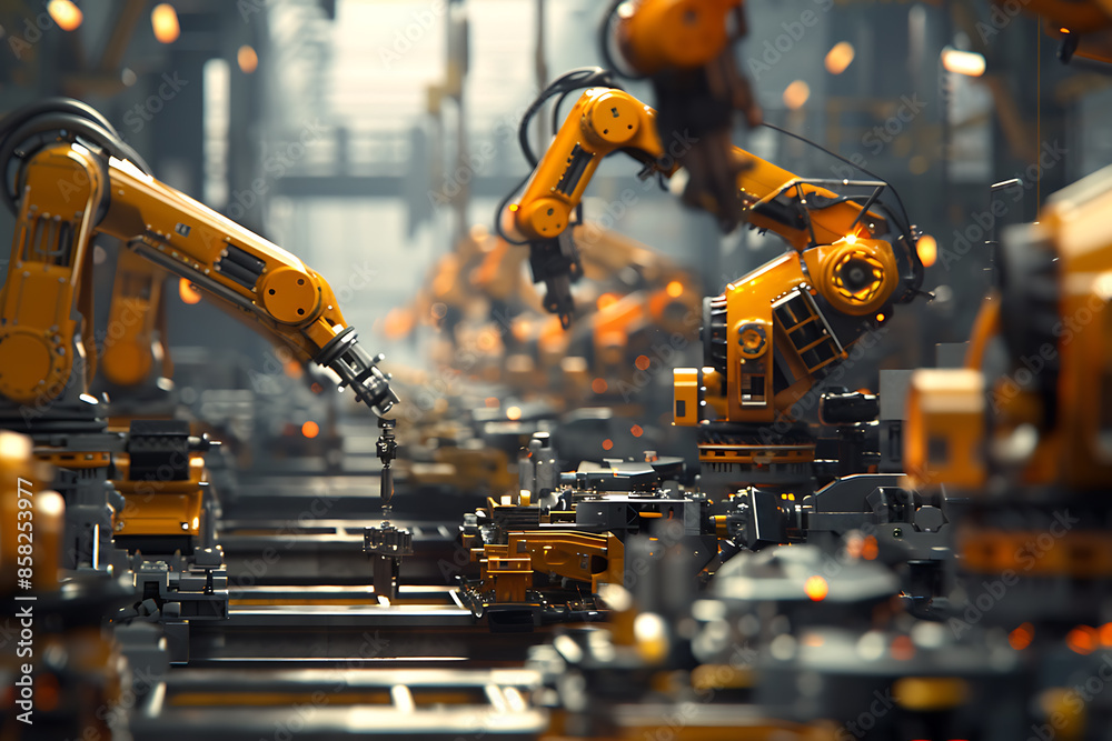 A high-tech factory with robots on an assembly line, manufacturing car body parts efficiently.